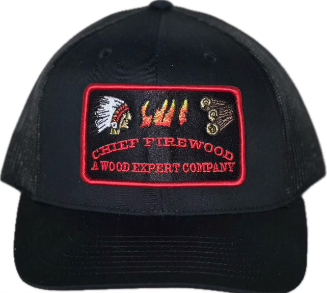 Black hat with red embroidered patch, black mesh backing, with snapback adjuster