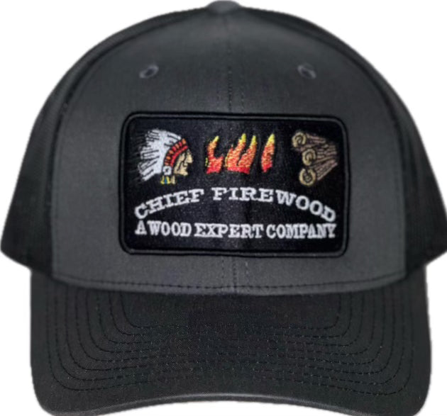 Dark grey hat, with black embroidered patch, black mesh backing with Snapback adjuster.