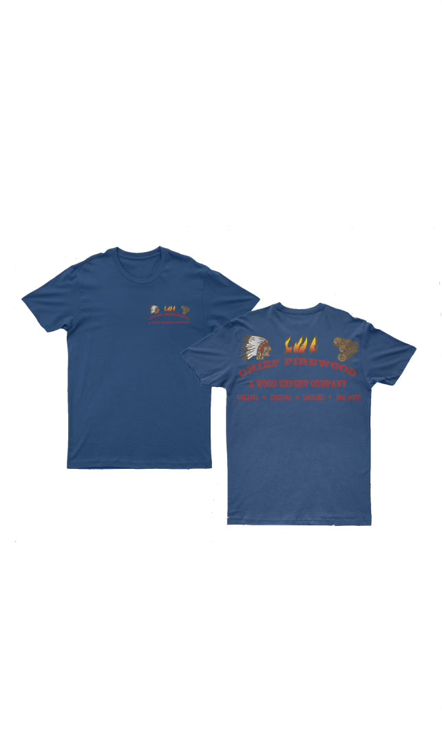 Navy blue T-shirt with Chief Firewood Logo front and back.