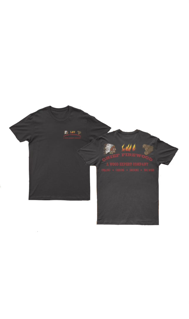 Black T-shirt with Chief Firewood Logo front and back